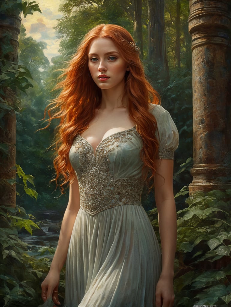 A red-haired young beautiful girl with long hair and a light dress against the backdrop of a dense forest, painting, oil, water color, Gouache, Stained Glass, style of Edward Burne-Jones