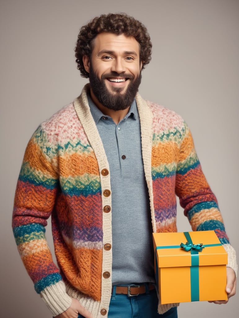 portrait of a bearded curly man wearing coloured knitted jacket, stands front camera with gift box his hand, happy birthday images, spring time