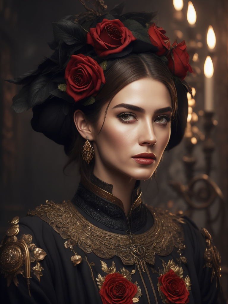 Portrait of a Beautiful women from Russian fairytale wearing traditional costume everything around black roses, deep atmosphere