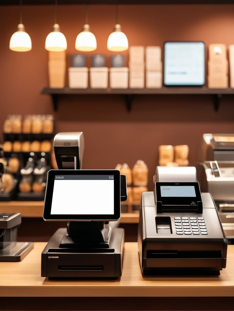 pos machine in coffee shop with cashier warm background