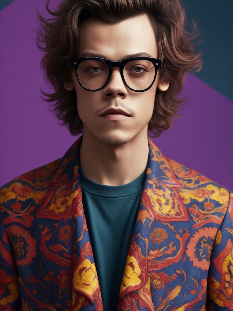 Harry Styles wearing a brightly patterned jacket and wayfarer glasses, Vivid saturated colors, Contrast color