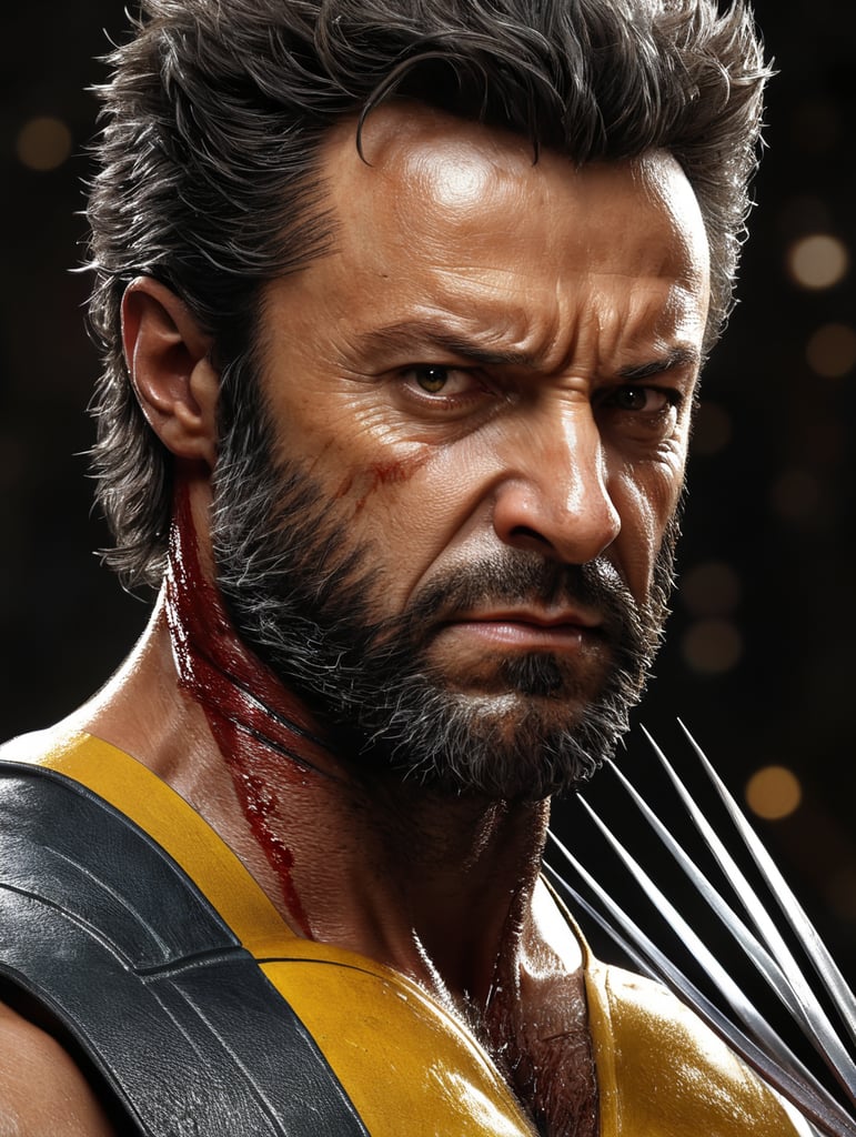 Wolverine detailed portrait, hyper realistic, cinematic, blood, figth