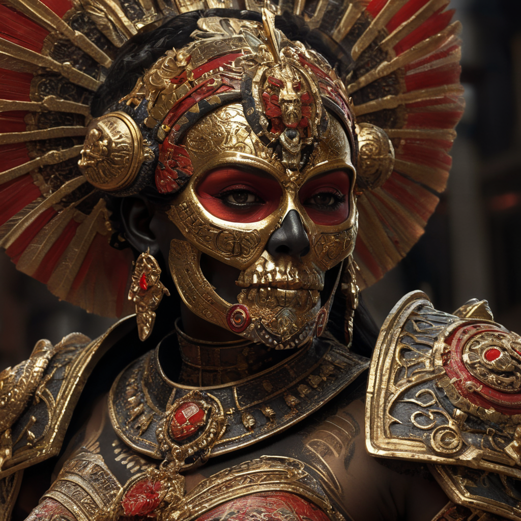 Itzpapalotl, aztec deity, woman with a skull face, black, red and gold armor