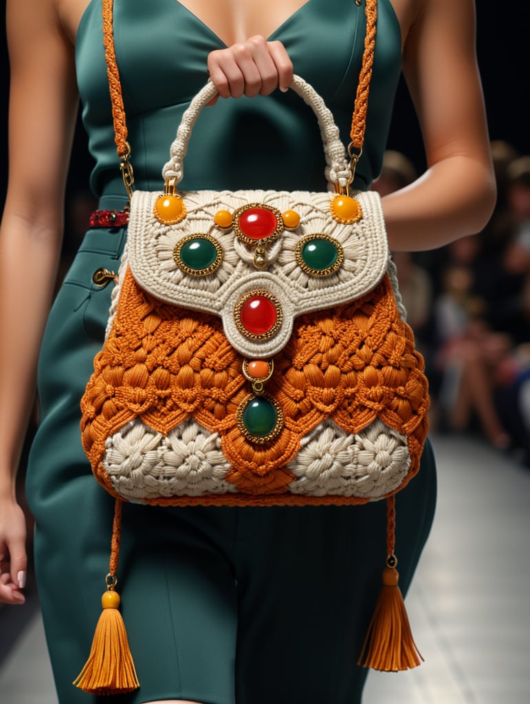 a closeup photo of a small puffy macrame purse made with puffy cords, a Gucci model standing on a runway holding bag with one hand, vogue fashion show, autumn colors