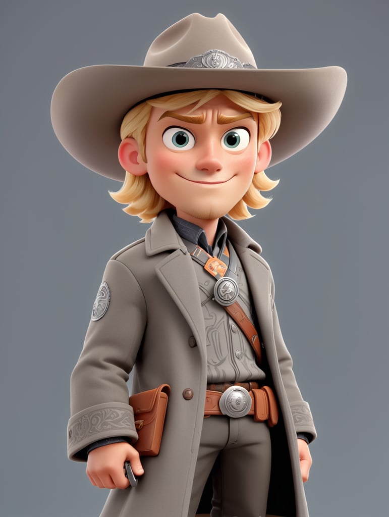 Handdraw, young blond men, modern western outfit, longcoat grey , melon hat grey, revolver on belt, portrait