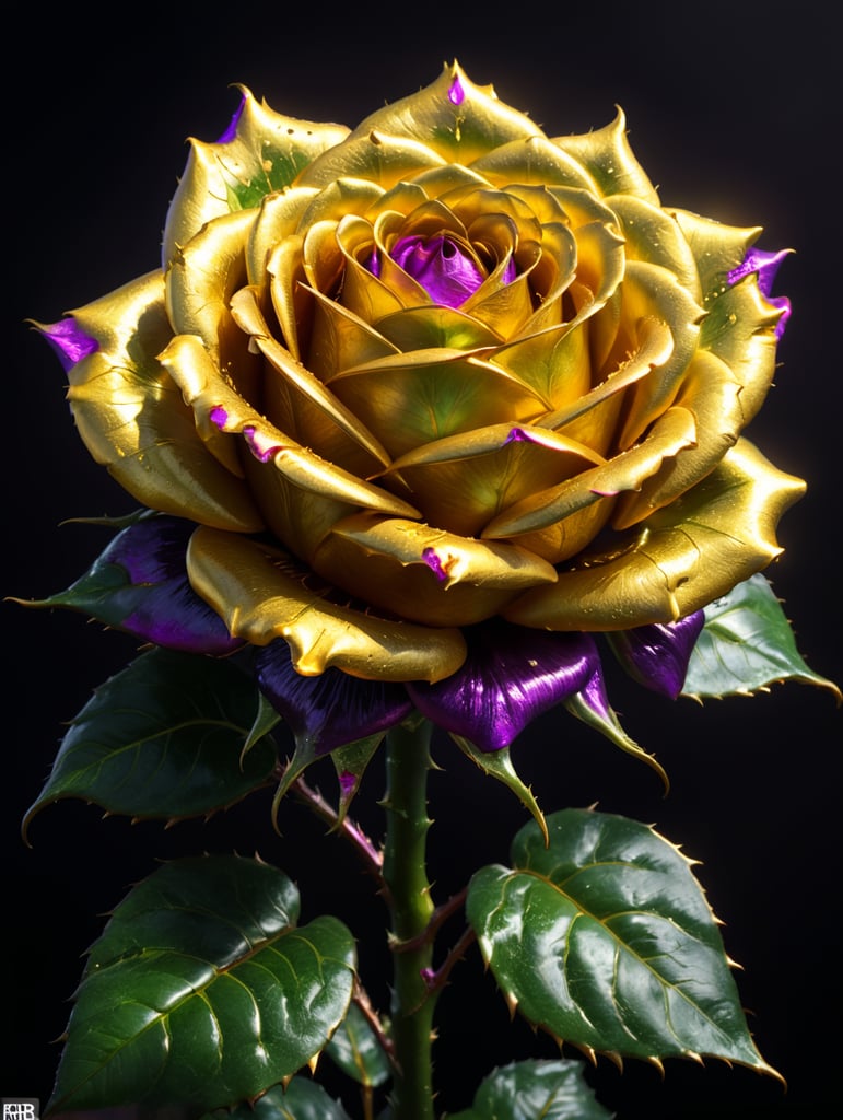 A large golden rose with violet petals and glistening green stem and big golden thorns