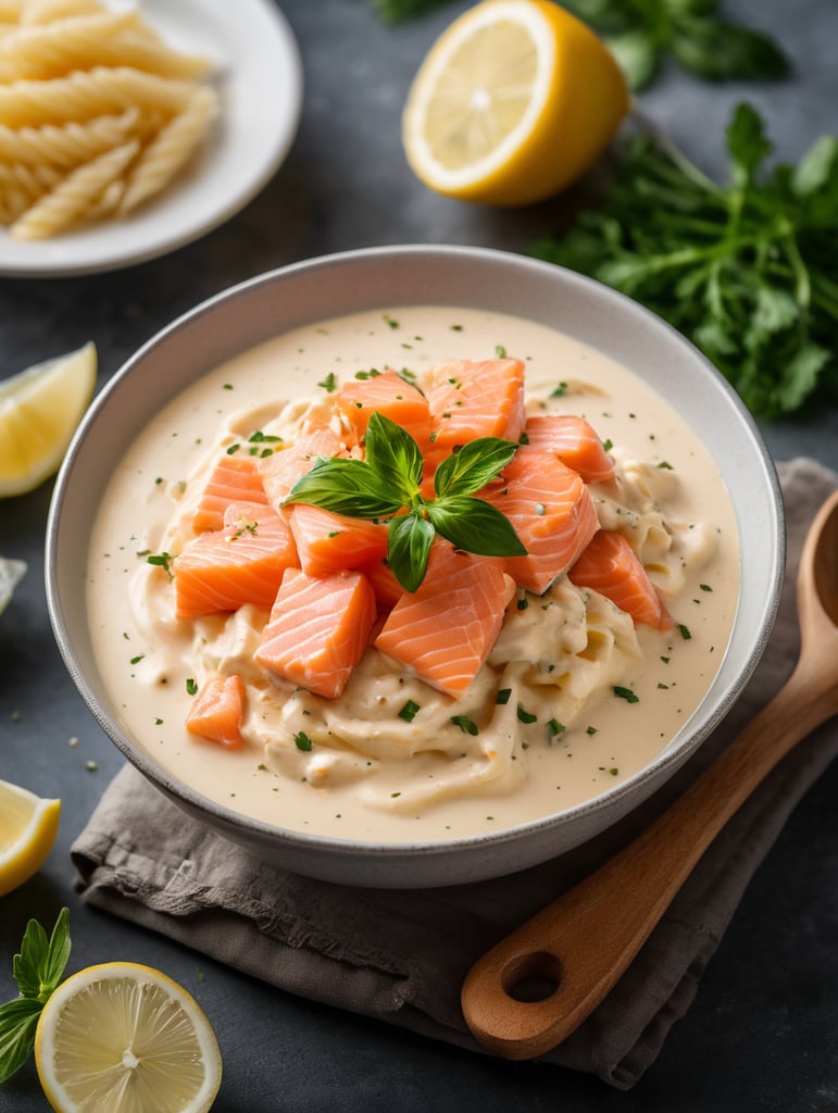 Cream, typically refers to a creamy sauce or spread made with pink salmon as one of its main ingredients. It can be used in a variety of dishes, such as pasta, sandwiches, or as a dip., Food Cinematic, Editorial and vertical Photography, Photography, Shot on 70mm lens, Depth of Field, Bokeh, DOF, Tilt Blur, Shutter Speed 1 1000, F 22, White Balance, 32k, Super-Resolution