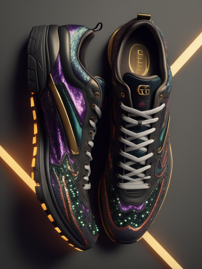 gemstone-embellished Gucci fashions with luminous lines and sequins. hyper realistic image of hi-tech sports puffy sneakers modern fashion, deep atmosphere, saturation, vibrance, sharp on details