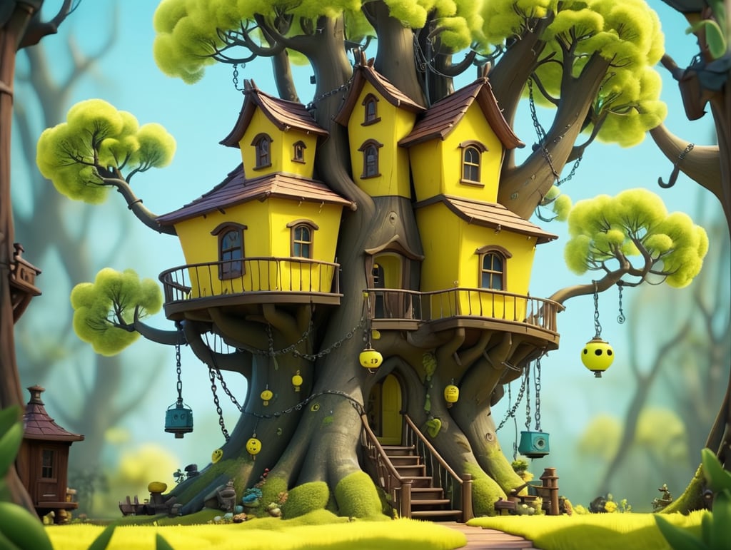 An elaborate, whimsical, bright yellow treehouse in the style of Tim Burton on a bright sunny day. The tree's leaves are an electric lime green color. the tree trunk is a dark brown.