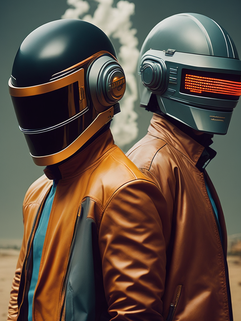 Portrait of daft punk, ultra realism, super detailed, neon colors, magazine cover, professional shot, magazine photography, bright saturated colors, sharp focus, highly detailed