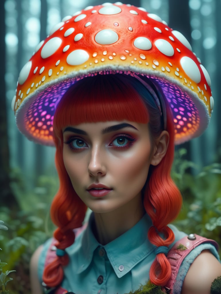 Girl amanita muscaria, psychedelic, trippy, extremely detailed vibrant, cinematic lights, hyper realistic, hyper detailed, Sony Alpha α7, photorealistic, wearing glass, bunny hairstyle