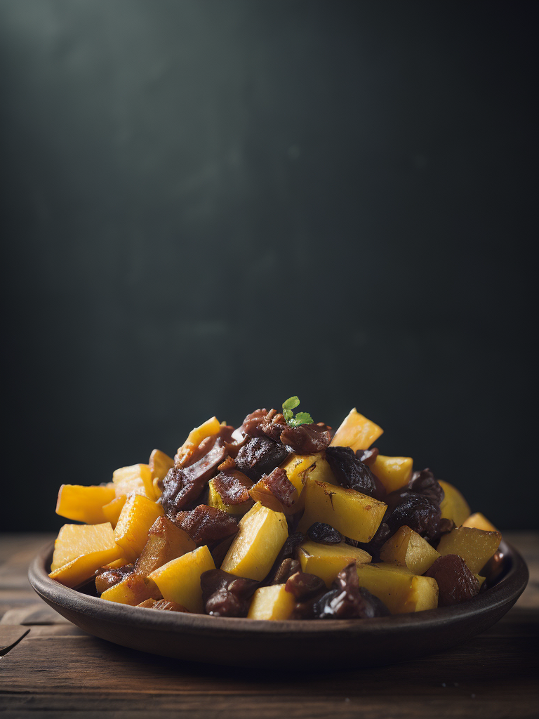 fried potatoes with juicy fried meat on a wooden background