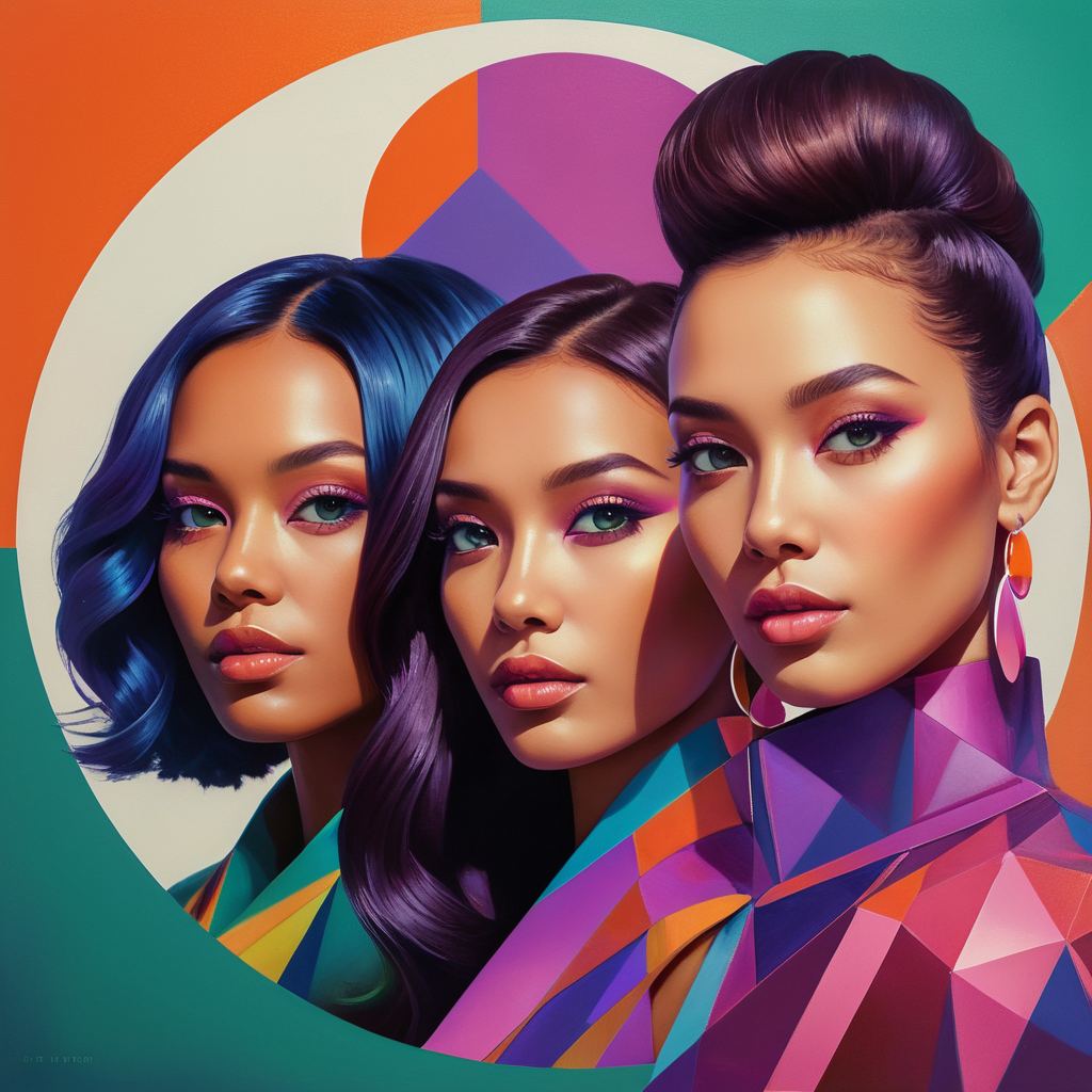 Create a colorful graphic portrait featuring four young diverse women in the vibrant abstract geometric style of artist Jade Purple Brown. The women should have 1970s hairstyles, makeup, and fashion. Compose the image using overlapping circular, oval, and rectangular shapes in bright hues like purple, blue, orange, green, and pink with soft blurred edges in Jade's signature style. Arrange the geometric abstract forms in a dynamic, energetic composition with a sense of rhythm and movement. The women should be interacting, laughing, and exchanging enthusiastic expressions with a joyful, celebratory mood. Apply areas of texture using thick painterly brushstrokes. Emphasize bold graphic stylization over realism for a retro 70s pop art look.