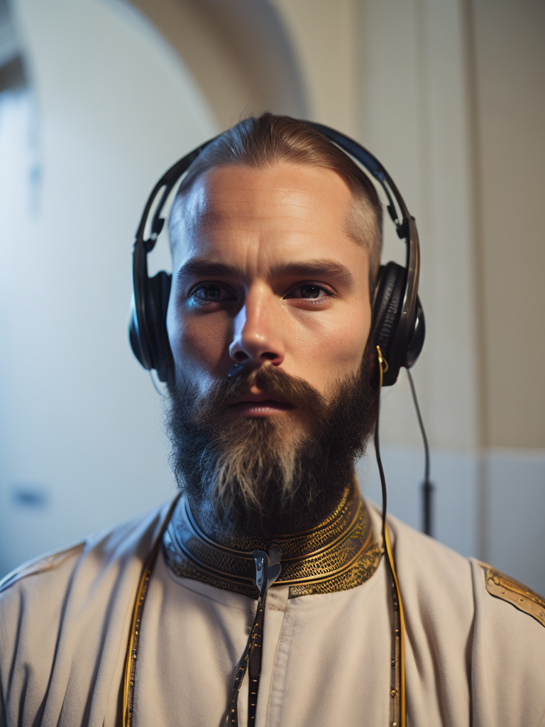 viking from buduzhego with headphones in golden armor, tattoo on the neck of windizel