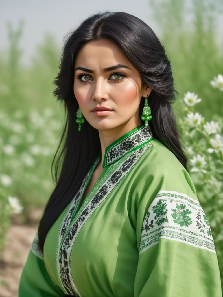 a woman uzbek nationality, waern uzbek national red atlas dresses, medium black hair, in spring green gressed area, black eyes, and his face shape ver beautiful