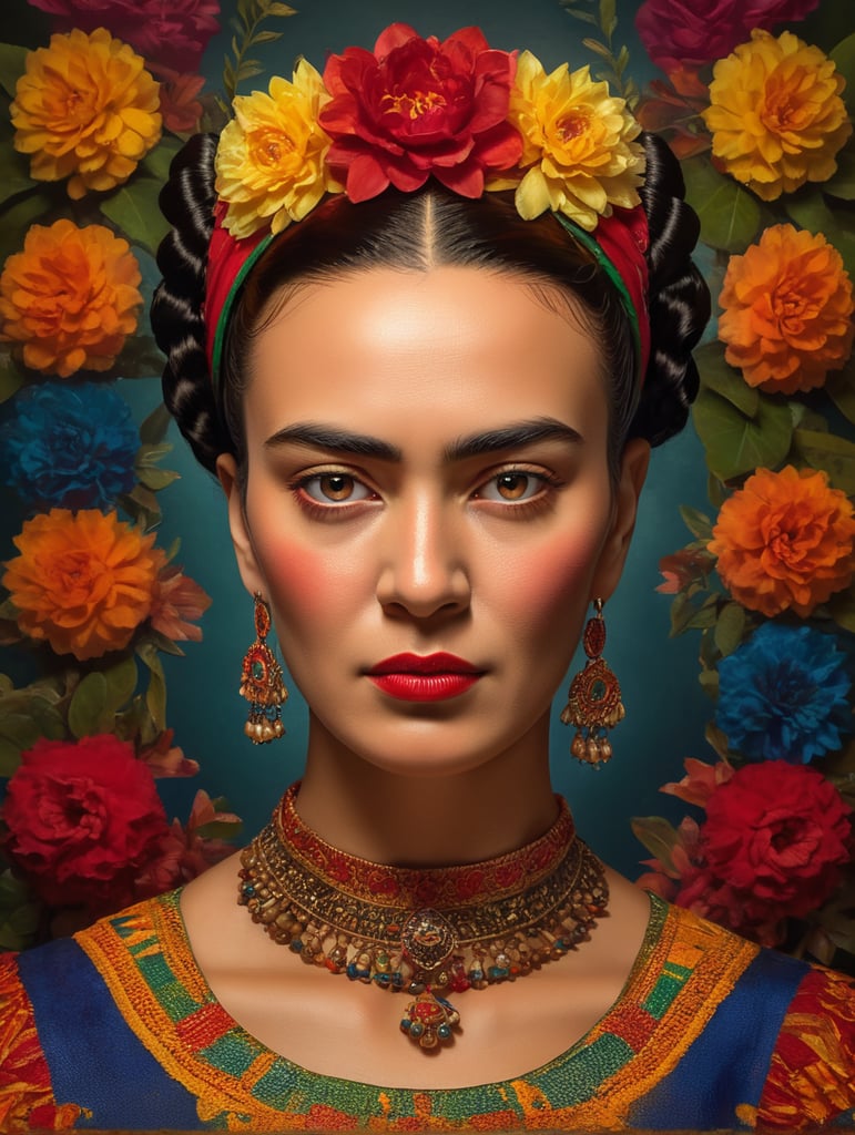 'Portrait of Frida Kahlo, bright and saturated colors, elegant, highly detailed, vogue, fashion magazine, sharp focus, bright expressive makeup, dramatic lighting, depth of field, incredibly high detailed, blurred background'