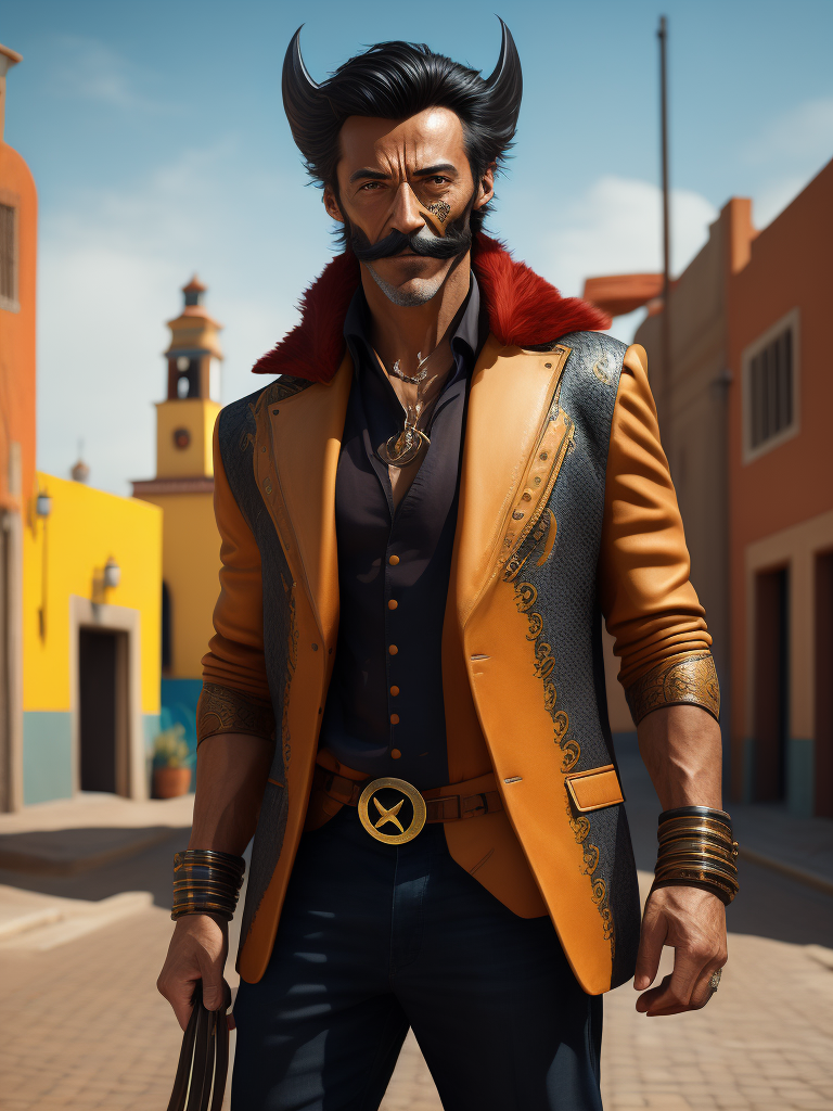 Wolverine x-men character on a mexican street with mexican clothes and bog moustache, with colorful bakcground, vogue and stylish