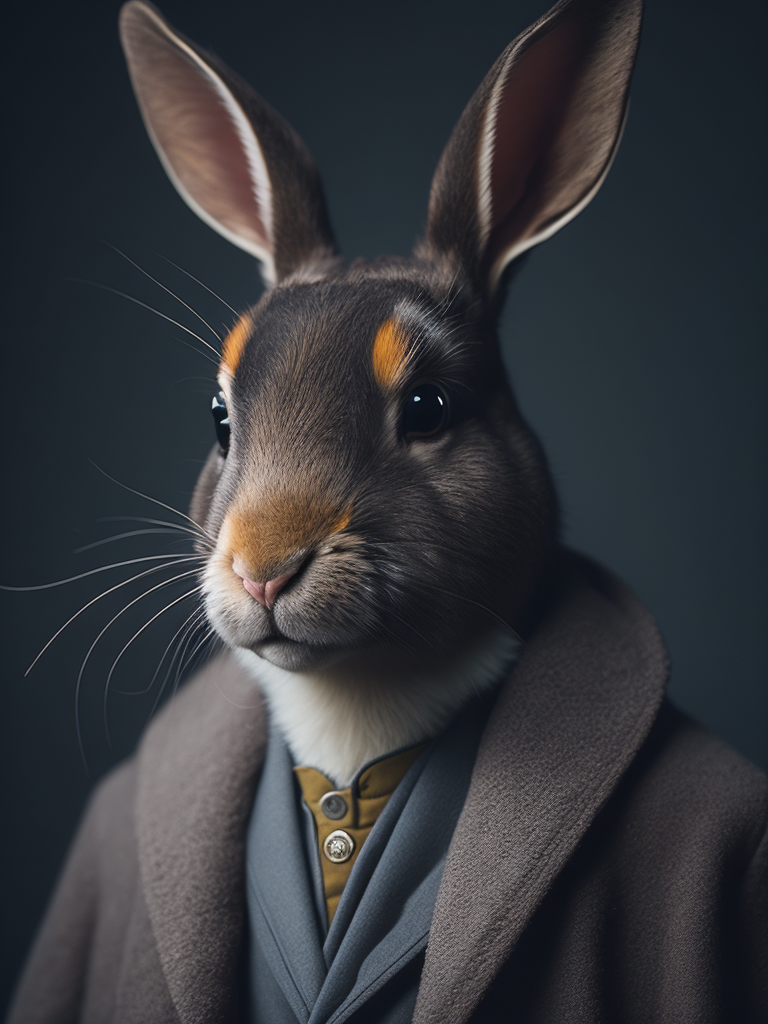 a portrait of a rabbit wearing a ship skin coat, details, focus on details, deep atmosphere, photo realistic