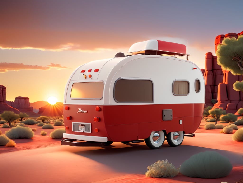 red and white camper driving into the sunset in Arizona
