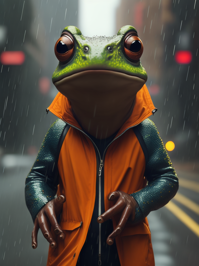 Frog in the rain coat, Keith Haring style, expressive, focus, colorful background, hyperrealistic, detailed, intricate details, rich colors