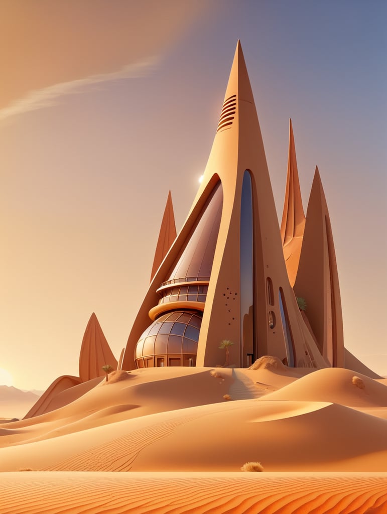 desert background light brown sand with futuristic building in sunrise,portrait size, 4k —ar 21:9
