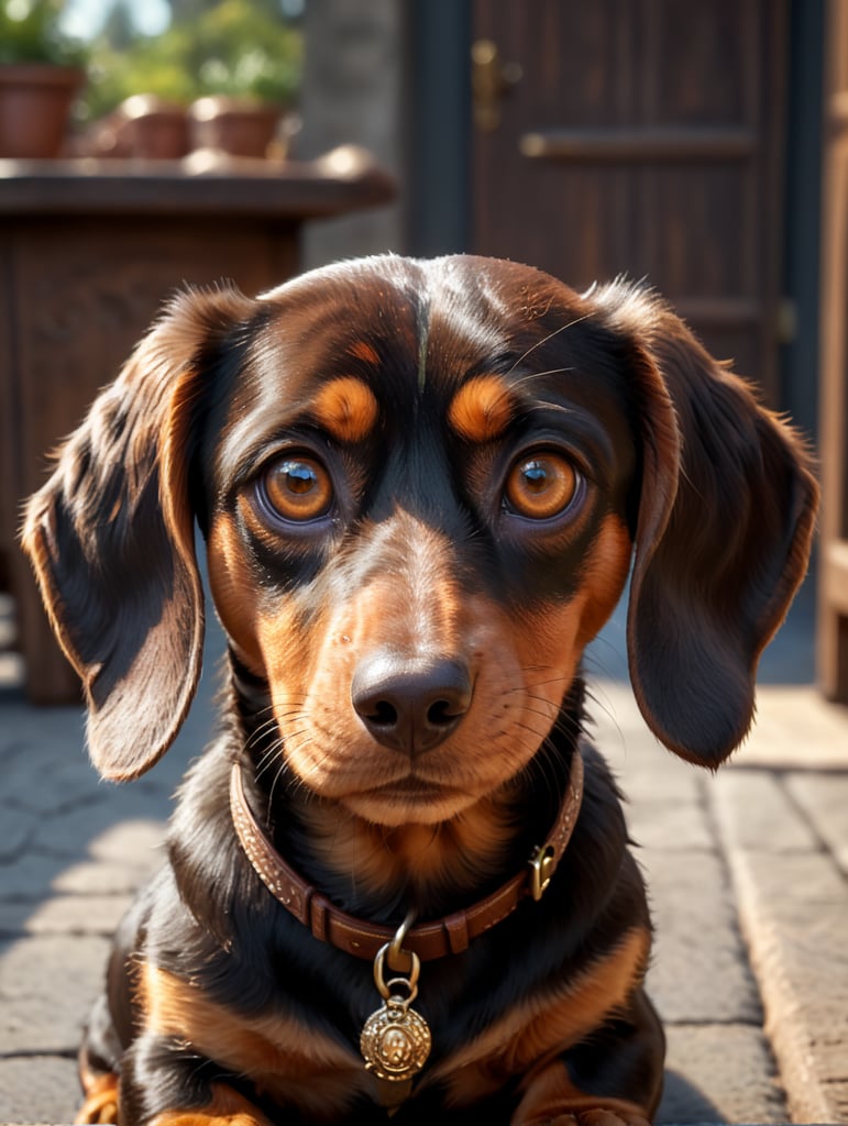 A brown and tan dachshund with large hazel eyes and floppy ears. In the Disney Pixar animation style