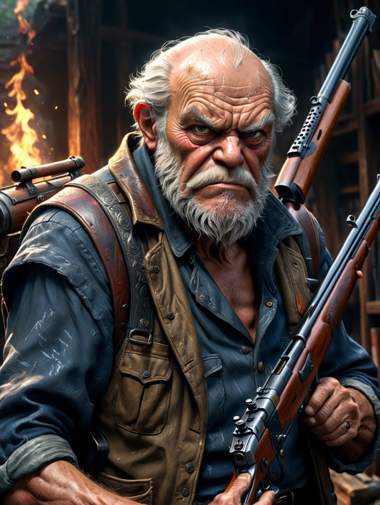 Make the old grumpy man with a shotgun in anime style