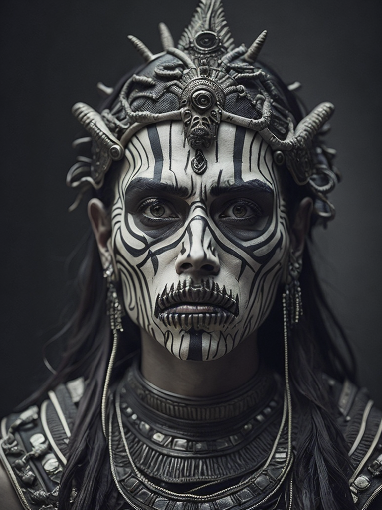 In this powerful and evocative image, mictlantecuhtli, the ancient aztec god of the underworld, emerges in all his ominous glory. rendered predominantly in stark black and white, with subtle gradations of gray, the depiction showcases the deity's menacing presence and serves as a testament to his authority. mictlantecuhtli's face embodies an intense fury, with furrowed brows and eyes ablaze with anger. his facial features are sharp and defined, with deep-set eye sockets that pierce through the darkness. elongated, bony structures form his skeletal visage, accentuating the otherworldly nature of his being. jagged teeth, stained and yellowed, protrude menacingly from his mouth, capturing his ferocity and instilling fear in those who behold him. the environment surrounding mictlantecuhtli reflects the essence of his era, transporting us to the aztec underworld known as mictlan.