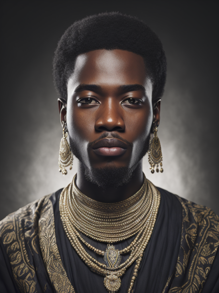 An african king in traditional clothing, portrait, hyper-realistic, dark style, focus on face, sharp on details, black background