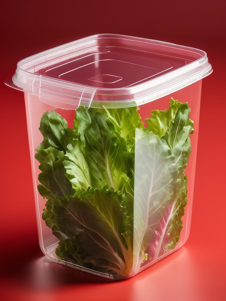 blank Transparent Plastic Container with Iceberg lettuce Salad, isolated, red background, Mockup, mock up