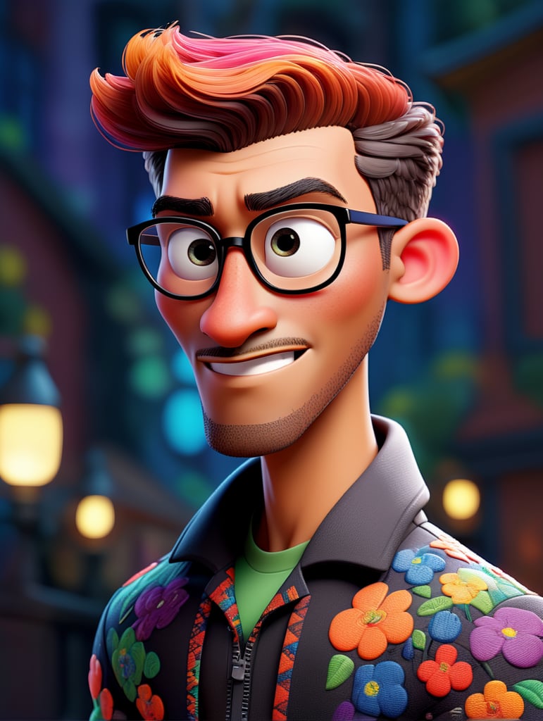 Beautiful black man with straight hair combed to the side, wearing square black glasses, wearing a colorful, vibrant and detailed embroidered jacket, using a computer, Disney Pixar 3d style image