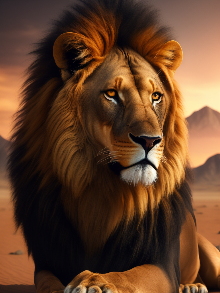 8k, desert background a lion with a black mane elegant lumen render octane render style lumen reflection illustration ultra hyper detailed magical photo realistic HD professional color 2. 8 22 megapixels photoshoot