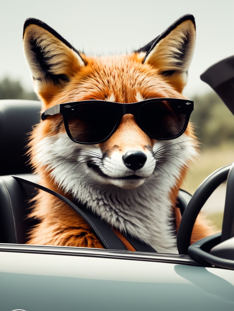 "A fox wearing sunglasses driving a GM vehicle."