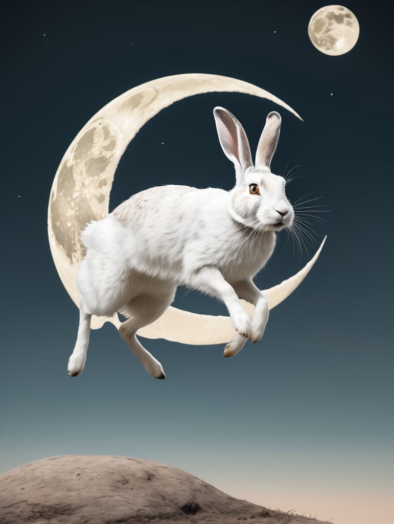 A white March hare leaping over the moon