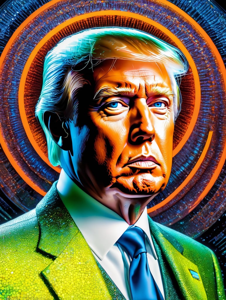 Fine Art Fluorescent Pointillism Sci-fi Surrealism Photography, Futuristic Donald Trump, Portrait made of hyper-detailed transparent frosted plastic, Moebius Bernard Buffet, van Gogh, Vermeer, Erin Hanson, Pierre Soulages, National Geographic, textured depth, vibrant fluorescent hyperrealism photo