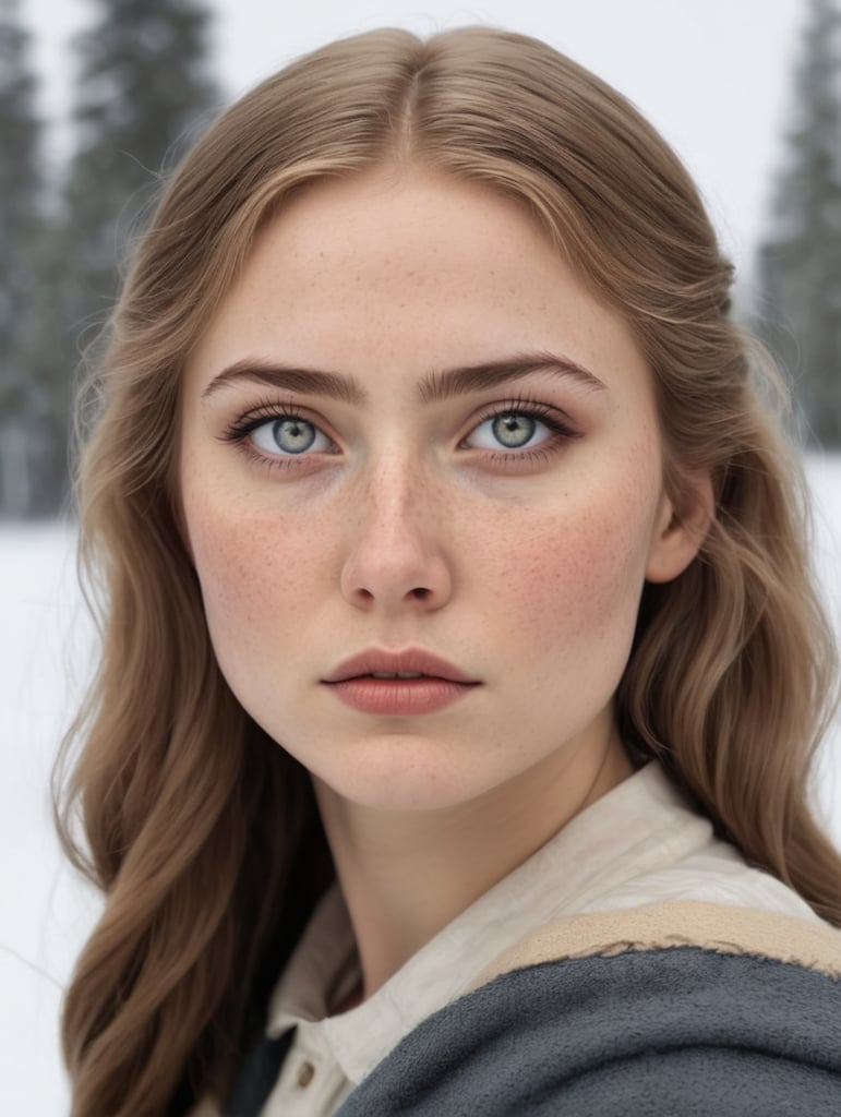 We live in 1910s Finland in a small village in Lapland. Our character is Selma, 22 years old. Selma, on the other hand, had inherited Father’s looks – angular and harsh. Selma had blonde hair, long and thick and wavy. She has grey eyes, almond-shaped. She is pale as most Finnish people are and has freckles. Many considered her ugly. She didn’t care. Picture Selma in a scene where her village is burning. Selma's wearing men's clothes because she's planning on escaping her family later that night, and men's clothes are handier for riding a horse. Selma's a very angry person, always looking cold and annoyed and harsh. She's poor, so her looks are ragged. Selma's quite tall for a woman, but still has some feminine curves.