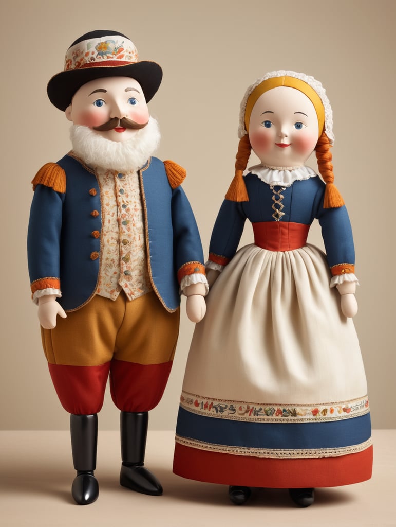 A pair of anthropomorphic dolls in the style of Dutch tradition, soft sculpture, historical subjects, Danish design, folklore theme, colorful caricature