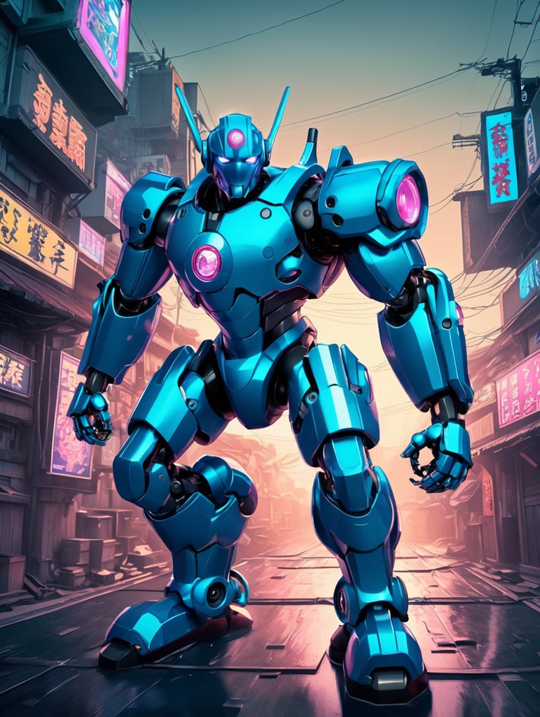 Isometric cyberpunk fighting robot, manga style,