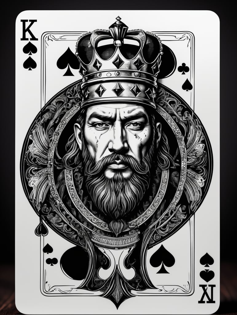 king of clubs playing card, face card, ink art style, black ink, ultra realism, super detailed, professional shot, bold saturated colors, sharp focus, highly detailed