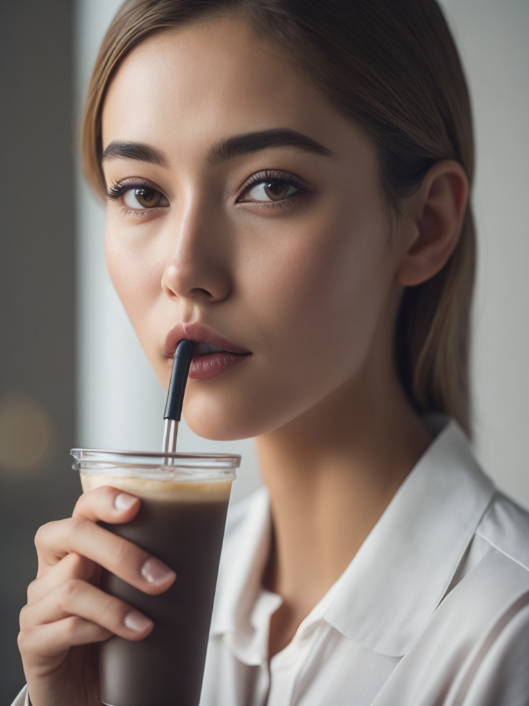 Girl drinking iced coffee, with undereye cream on her right side of her face, close-up editorial style