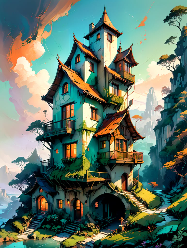 Modern_Elfin_house_on_a forest hillside:: two_levels, partially_submerged into_the_hill:: biomorphic architecture:: Earth roof with lawn:: facades _with_superlarge_windows:: elfin medieval motifs of decoration and architecture:: an_awe-inspiring_art_scene filled_with_feelings_of_tranquility_nostalgia_comfort::
