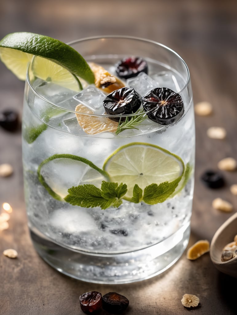 Gin and Tonic with dried fruit slices, mood lighting
