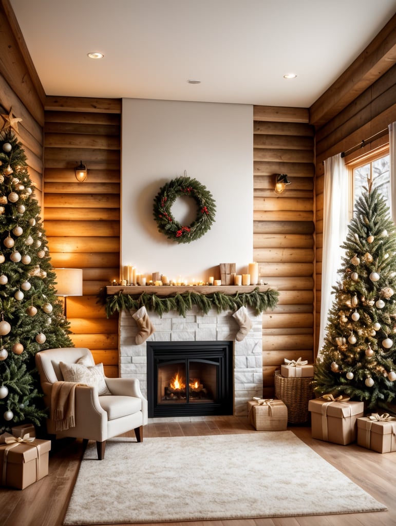 vertical picture wall mockup, natural christmas, cozy log cabin, neutral colors, prints under tree wrapped in white paper