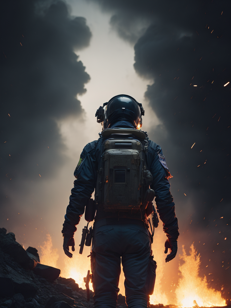 hyper-realistic, ultra-detailed of astronaut standing in the front of big fire explosions of the house in palestine, depth of field, sunlight fractal details, depth of field, HOF, hall of fame, apocalyptic environment, trending on Artstation, 64k, ultra-detailed, ultra-accurate detailed, surrealism, dark, dust, sparks, apocalypse