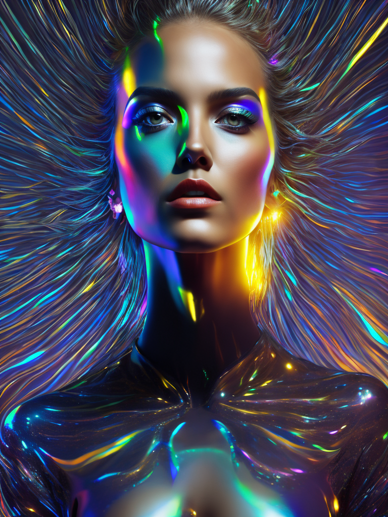 Mesmerizing Holographic face materials shimmer in motion, Photography in the style of Rankin