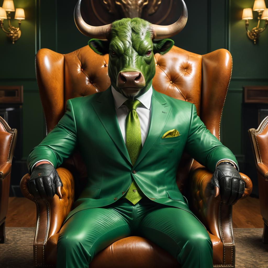 A men wearing green suit and has a bull's head sitting in leather armchairs.