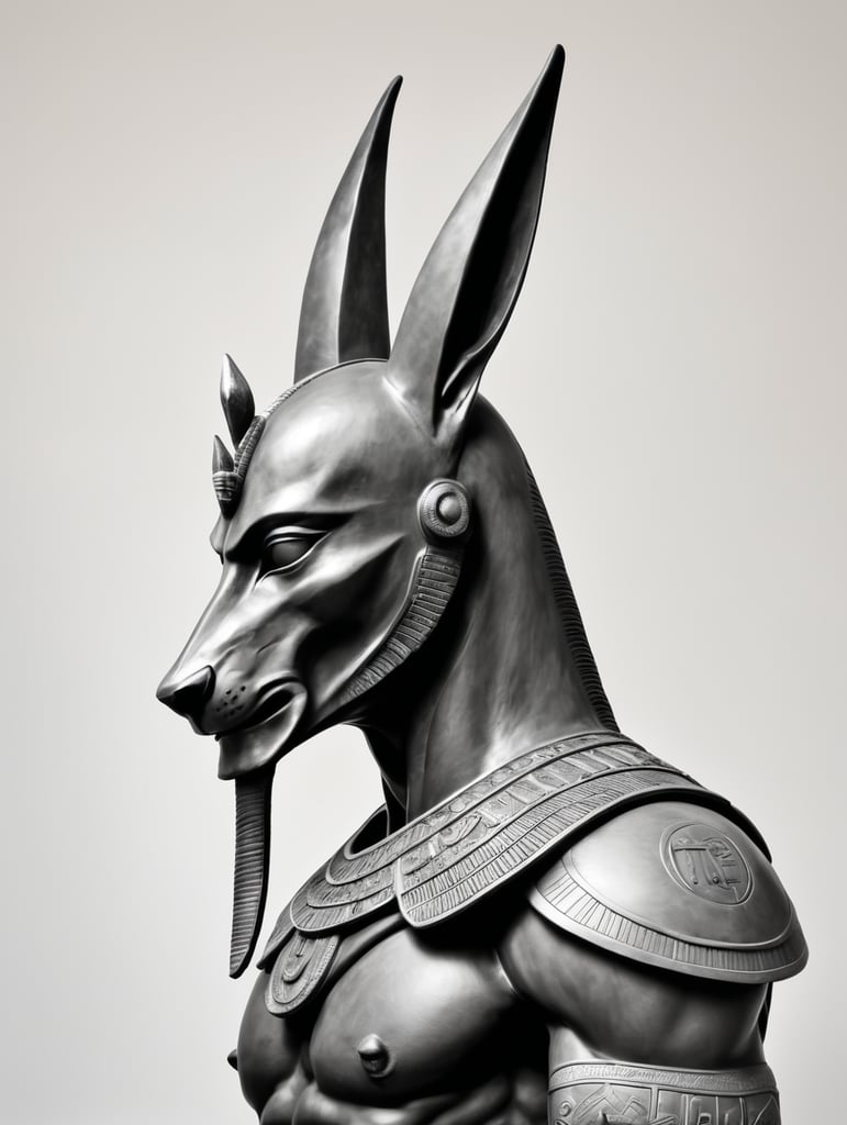 Anubis statue. Side view. Long nose. Upper body and head. Torso. Head. Egyptian warrior. mysterious. Majestic. Solemn. White background. Strong eyes. Grey skin. Black and grey and white image