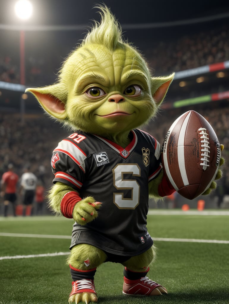 baby grinch wearing saints team jersey holding a football