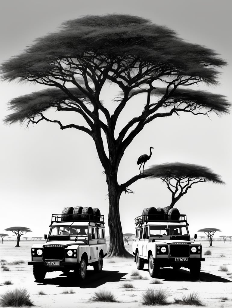 Rusty old Ancient series 3 land-rover on wide African plains. Acacia trees. Ostrich in distance. Dustbrising from tyres. Black and white. Ralph steadman gonzo style illustration.