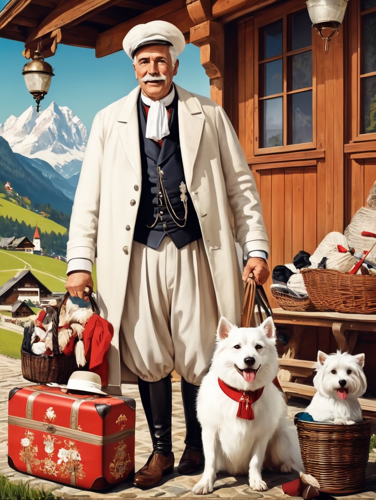 Retro poster of an old Austrian traveler with a white dog, dressed in traditional Austrian clothes, behind with things